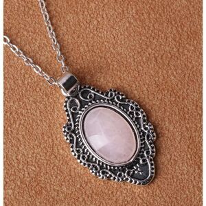 Silver Oval Pink Quartz Gemstone Pendant Necklace Filigree Vtge Style Adjstble